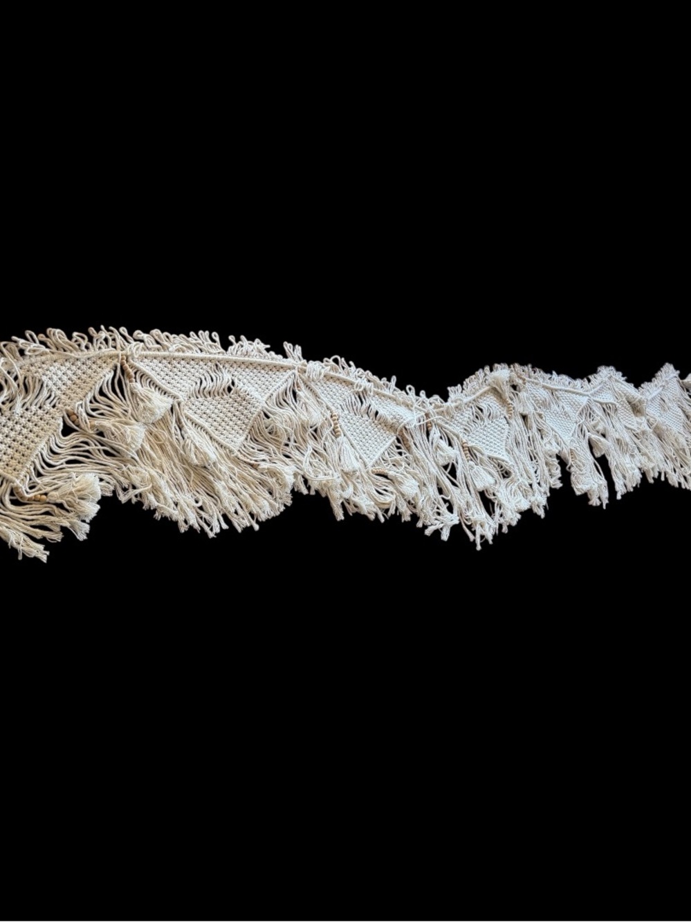 9’ plus vintage ivory cotton crocheted lace garland with tassel fringe.